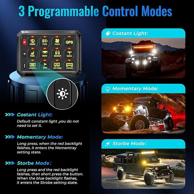 RGB 12 Gang Switch Panel,12-24V Bluetooth APP 230FT 433M Long Range, Auxiliary Backlit Off Toggle Flash Multifunction Toggle Switch Momentary Circuit Control Relay System Box Universal for Car