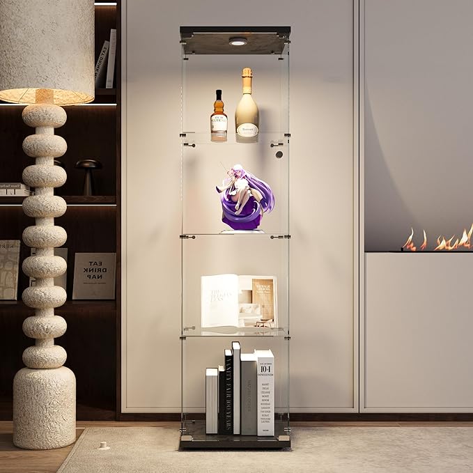4-Shelf LED Lights Glass Display Cabinet, Floor Standing Glass Curio Cabinet with Door & Lock, Bookshelf, Toys & Trophy Display Case for Living Room, Bedroom & Exhibition Hall (Black)