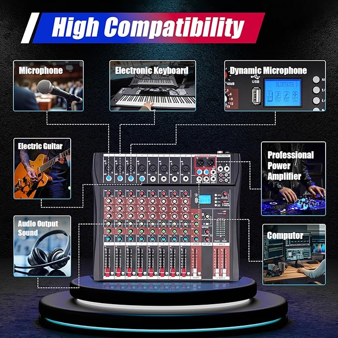 8 Channel Professional Audio Mixer, DJ Controller Sound Mixer Bluetooth Compatible Bluetooth Sound Board DJ Mixers with 48V Phantom Power USB Interface Stereo Mixing Console