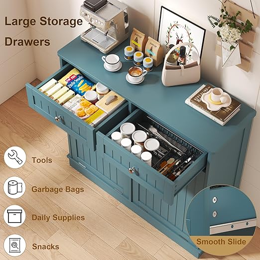 Tilt Out Trash Cabinet with Double Hidden Trash Can Holder, Kitchen Free Standing Recycling Cabinet,Dog Proof Trash Can,Wood, Teal