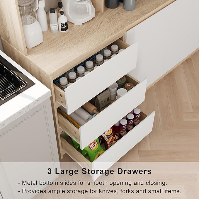 Extra Large Kitchen Pantry with Microwave Shelf, Kitchen Hutch Storage Cabinet with Countertop, Freestanding Countertop Cabinet with 3 Drawers and 3 Open Shelves, White + Walnut