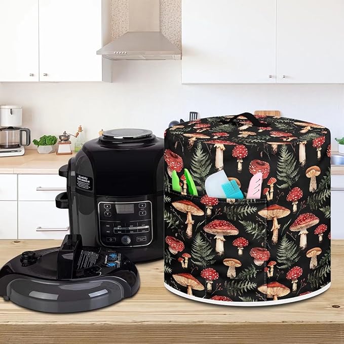 Mushroom Green Leaves Pressure Cooker Cover Dust-Proof Kitchen Appliance Cover Air Fryer Cover for 3 Quart Instant Pot, with Handle and Pockets Keep Kitchen Appliance Clean Home Décor