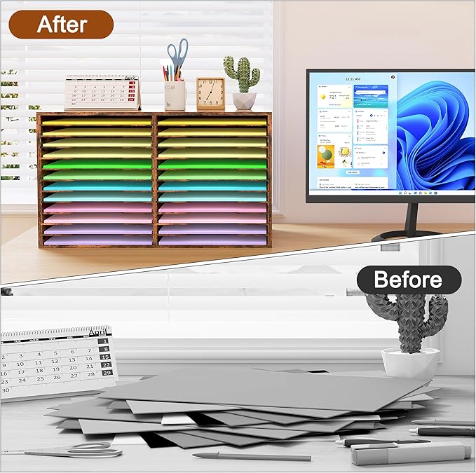 EasyPAG Scrapbook Paper Storage Organizer for Craft Room, 12x12 Paper Storage Desk Shelf, 24 Slot Adjustable File Sorter for Office School Classroom, Antique