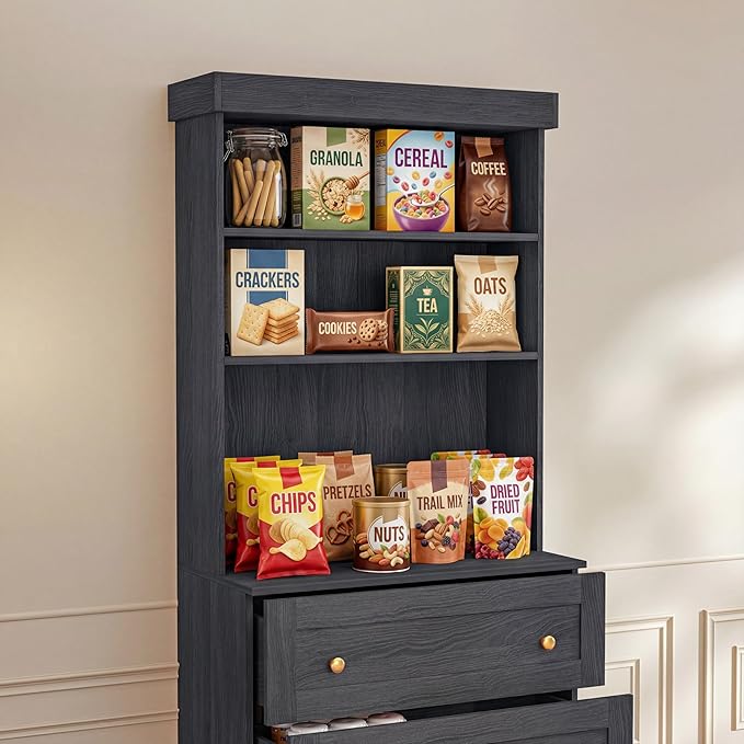 71" Farmhouse Kitchen Pantry Cabinet Set of 2, Black Freestanding Coffee Bar Hutch with Glass Doors, Drawers & Adjustable Shelves, Large Storage Cabinet with Microwave Stand for Kitchen & Living Room