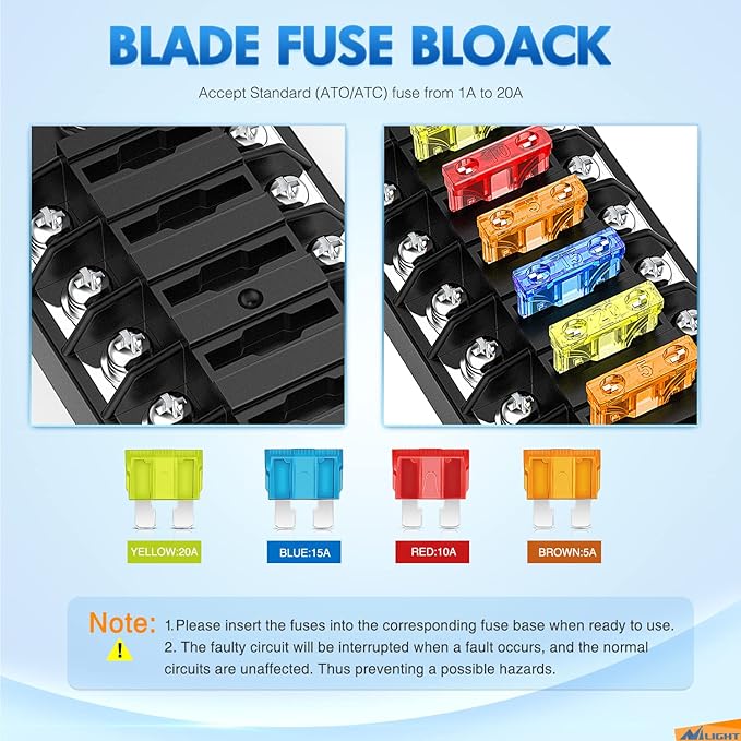 Nilight 12 Way Fuse Block with Negative Bus 12V Blade Holder ATC/ATO Standard Box Label Stickers Waterproof Cover Panel for Automotive Cars Trucks RVs Campers Vans