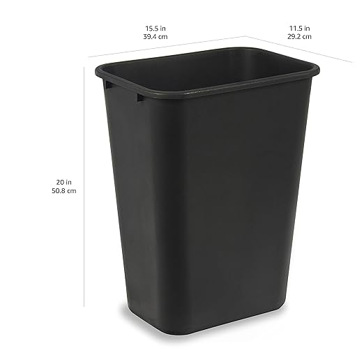 Amazon Basics Trash Can, Rectangular Commercial Office Wastebasket, 10 Gallon (Pack Of 1), 15.5"L x 11.5"W x 19.75"H, Black
