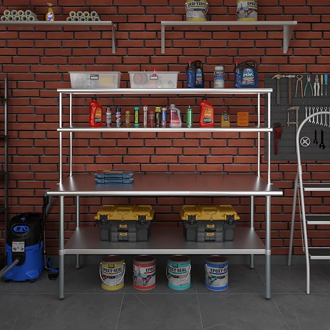 Amgood Stainless Steel Work Table Double Tier Overshelf | 30" x 72" Work Table + 18" Overshelf