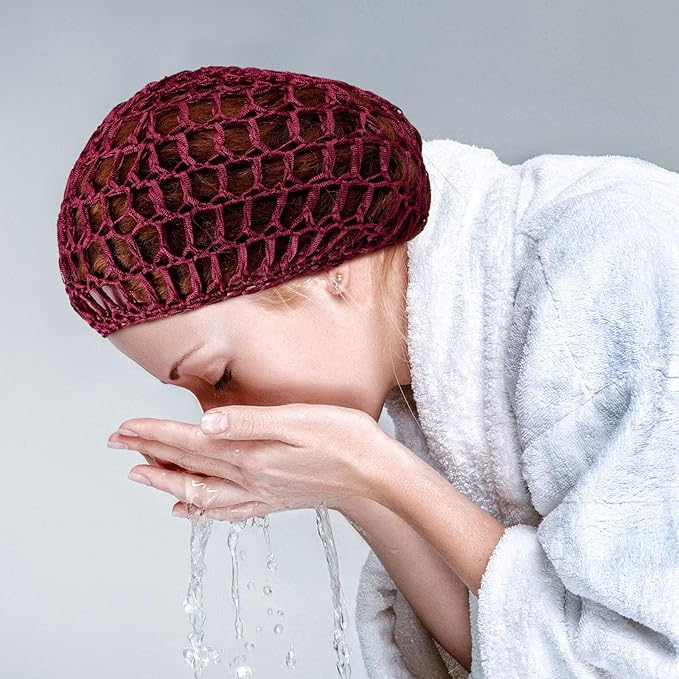 Geyoga 4 Pieces Mesh Crochet Hair Net Rayon Knit Snood Hat Thick Short Women Hairnet Snoods Cover Ornament for Sleeping (Purple, Navy Blue, Wine Red, Brown)
