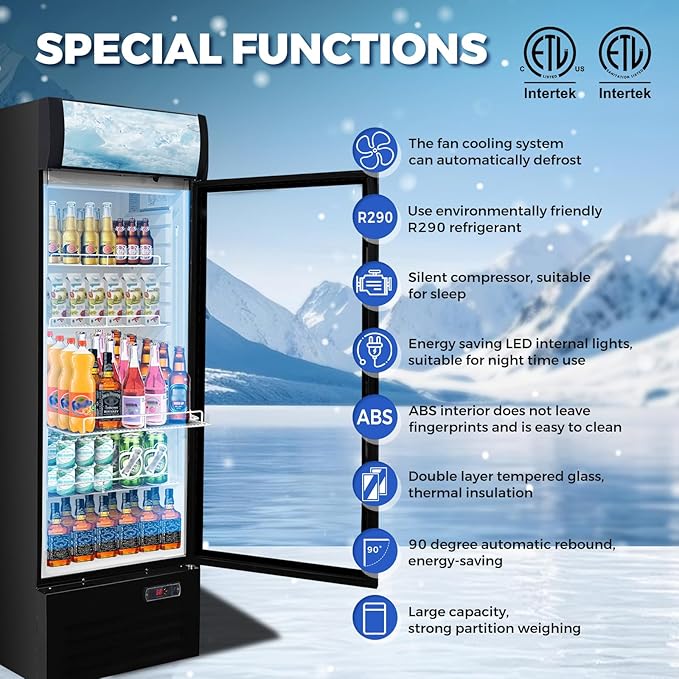 12.5 Cu Ft Commercial Beverage Refrigerator with 1 Glass Doors - Upright Drink Cooler Merchandiser with LED Light Display, 4 Adjustable Shelves, Black, ETL Approved for Business & Retail