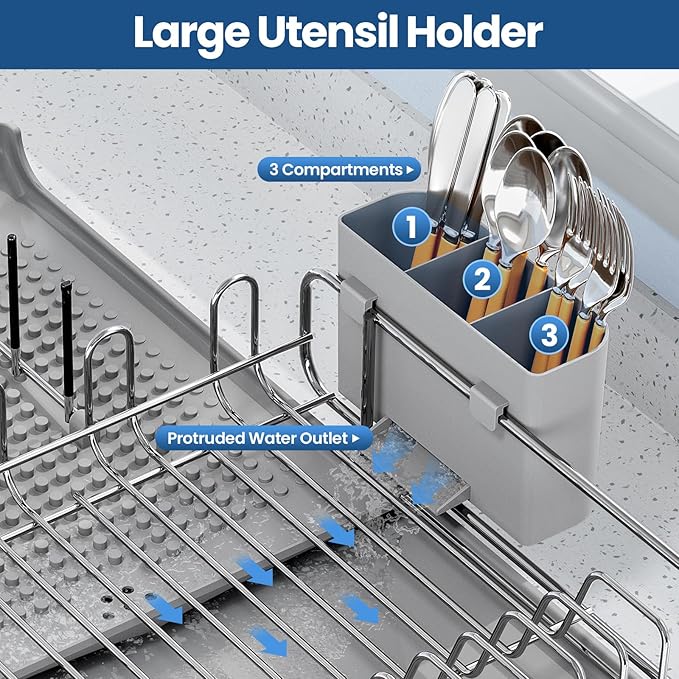 TOOLF Expandable Dish Rack, Dish Drying Rack for Kitchen Counter, Foldable Dish Dryer Rack, Stainless Steel Dish Drainer Racks with Cutlery Holder, Collapsible Dish Drying Racks Large Size,Gray