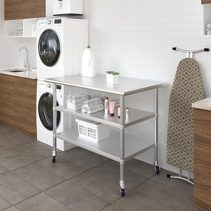 AmGood Stainless Steel Work Table with 2 Shelves and Casters | Metal Utility Table On Wheels (Stainless Steel Work Table with 2 Shelves + Casters, 48" Long x 30" Deep)