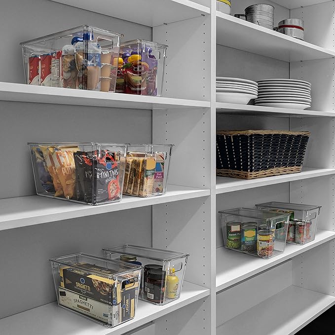 ClearSpace Modern Plastic Storage Bins with Lids Perfect Kitchen Organization or Pantry Fridge Organizer, 8 Pack, Transparent, Rectangular, 12.5" x 6" x 7", 9L Capacity, 8 Compartments