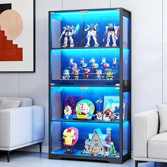 Display Cabinet with Glass Doors, Curio Cabinet with 3 LED Lights and Human Body Sensor, Bookcase with 4 Shelves Storage Cabinets, Black