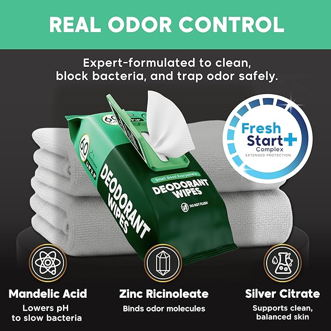 Deodorant Wipes for Men - Freshening Body Towelettes for Post-Workout, Travel, and Daily Deodorizing - On-the-Go Fresh Scent Cleansing Wipes, 120 Count (2 Pack)