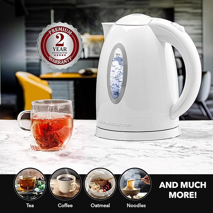 OVENTE Electric Kettle, 1.7L Fast Boiling Water Heater for Coffee or Tea, BPA Free with Water Level Gauge, Auto Shut-Off, Boil-Dry Protection, Indicator Light and Removable Filter, White KP72W