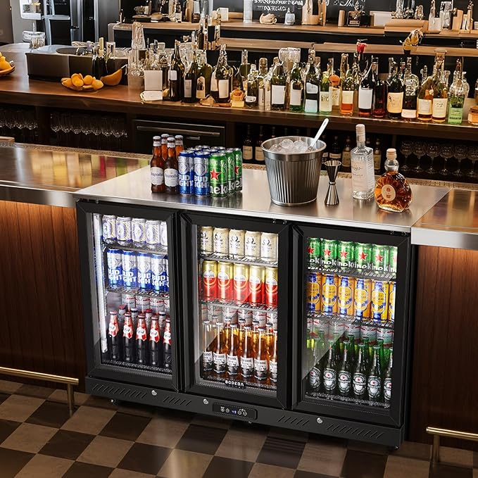 BODEGACOOLER Commercial Bar Cooler With 3 Glass Doors,12 Cu.Ft Counter Height Back Beverage Refrigerator,Display Bar Fridge with LED Lighting,Beverage Cooler for Beer Stainless Steel Top,With Casters
