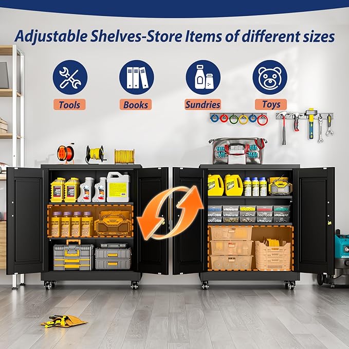 Metal Storage Cabinet-35” Tall Steel File Cabinets with Lockable Doors and Adjustable Shelves, Steel Tool Cabinet with Wheel for Home, School, Office, Garage Black