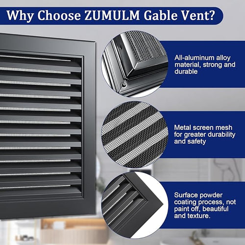 12" X 12" Gable Vent Aluminum Gable Vents for Houses Attic Vent Shed Vents Cover Exterior with Screen Mesh Alloy Wall Vent Ventilation for Home Garage Attic Ceiling - Vent Opening: 10" x 10" Black