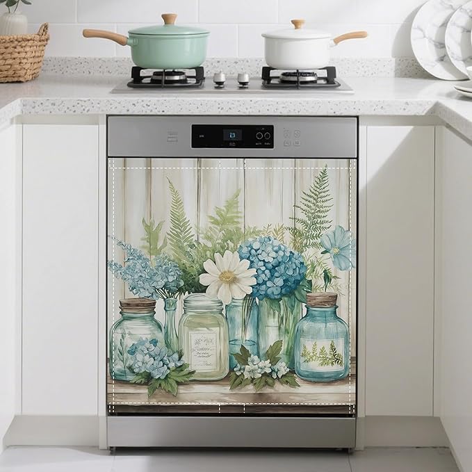 Magnetic Dishwasher Cover,Vintage Flowers Reusable Dishwasher Magnetic Cover Leaves Wooden Decorative Door Covers Panel for Home Kitcen 23" x 26"