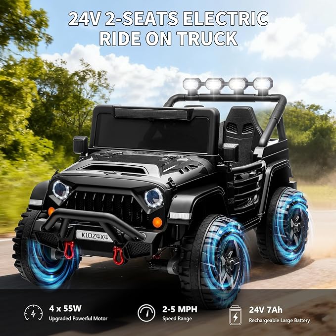 2 Seater Ride on Car Toy for Kids, 24V 4x4 Ride-on Truck, w/Parent Control, Soft Start, 3 Speed, 4-Wheeler Suspension, Bluetooth, LED Lights, Electric Car for Kids Toddler Ages 3-8, Black