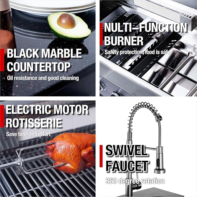 85 Inch 4-Burner 72000 BTU Deluxe Stainless Steel Propane Gas Outdoor Kitchen Barbecue Island Grill, Wine Cooler Compact Refrigerator, Rotisserie Kit, Granite Countertops, Stainless Steel Sink, Black