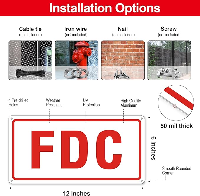 FDC Sign, 2 Pack Outdoor Aluminum Metal Sign, FDC Signs for Fire Department Connection, UV Protected Weather Resistant and Easy to Install (White Color, 12 x 6 inches)