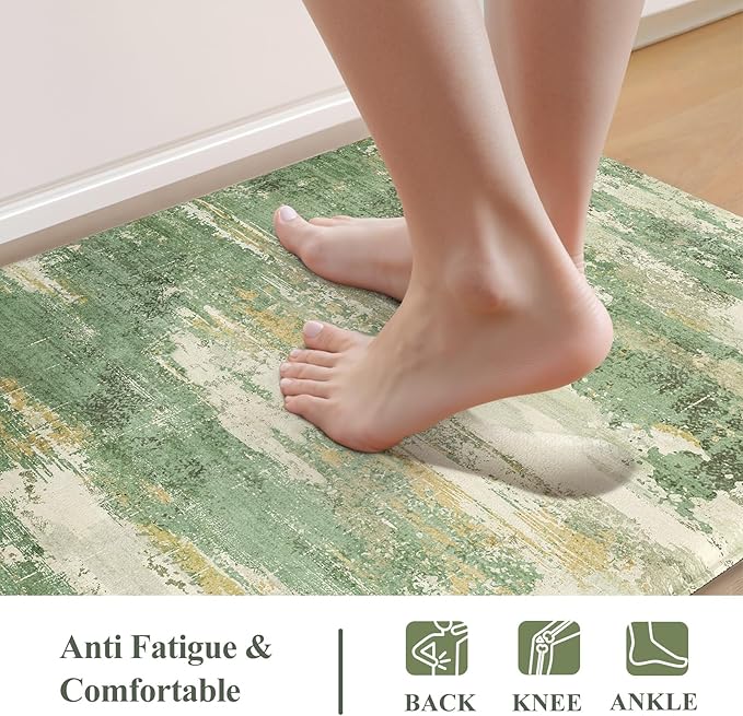 Collive Kitchen Mats for Floor Anti Fatigue, Green Abstract Non Skid Kitchens Sink Rug 2 Piece Waterproof, Memory Foam Comfort Standing Mat for Laundry, Desk, Home Office, 20" x 47" + 20" x 32"