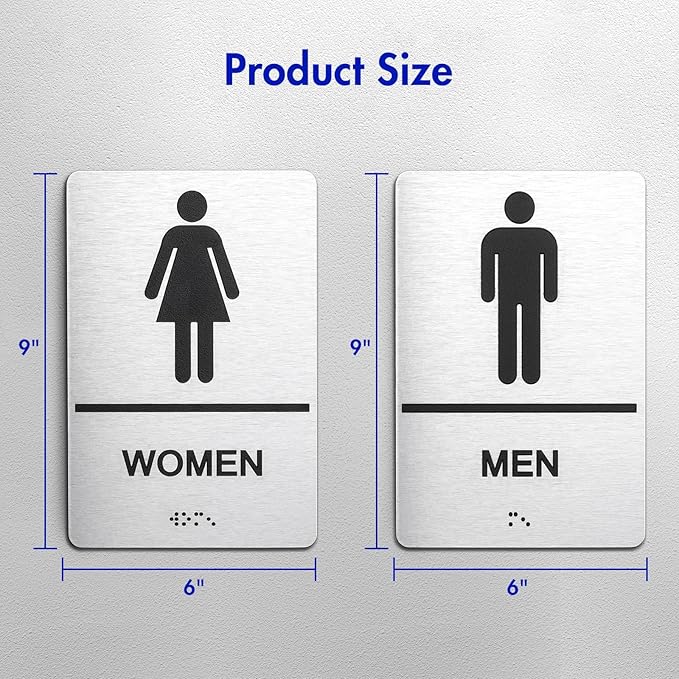 Bathroom Signs, Men's & Women's Restroom Signs for Business, Brushed Aluminum ADA Raised Braille Restroom & Bathroom Door Sign with Strong Self-Adhesive, Silver Size 9'' X 6 '' （2 Pieces Set）