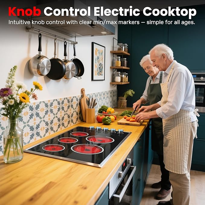 36 Inch Electric Cooktop, 5 Burner Electric Stove Top 8400W, 36" Ceramic Stove with Knob Control, Over-Temperature Protection, Dual Ring Zone, 220-240V Hard Wired (No Plug)