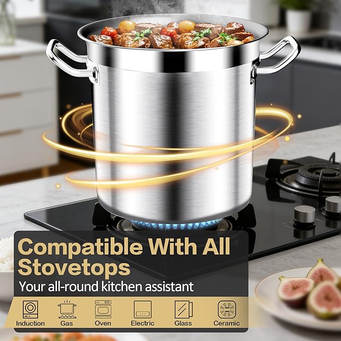 Stainless Steel Stock Pot，20QT Large Stock Pot with Lid for Boiling Cooking Soup Stew Canning, Heavy Duty Tri-Ply Bottom for Boiling Cooking Soup Stew Canning Cooking Pots, Cookware Sauce Pots