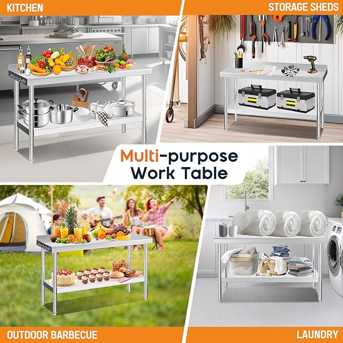 Jocisland 24" x 60" Stainless Steel Table for Prep & Work with Backsplash, Adjustable Under Shelf & Safe Design for Restaurant, Home and Outdoor