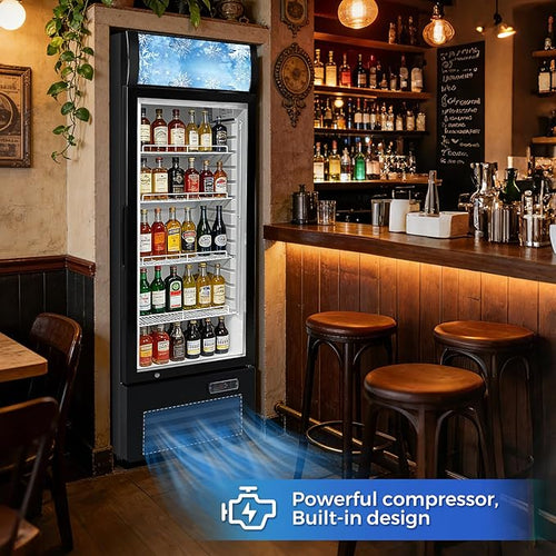 12.5 Cu Ft Commercial Beverage Refrigerator with 1 Glass Doors - Upright Drink Cooler Merchandiser with LED Light Display, 4 Adjustable Shelves, Black, ETL Approved for Business & Retail