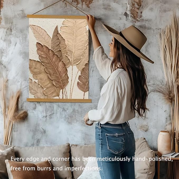 2 Pack Magnetic Poster Hanger Frame, 9x24 9x12 9x11 Light Wood Wooden Magnet Canvas Artwork Print Dowel Poster Hangers Frames Hanging Kit (Teak Wood, 9", 2 Packs)
