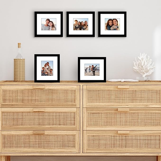 Americanflat 7x8 Picture Frame with Polished Plexiglass - Set of 5 - Use as 4x5 Frame with Mat or Display 7x8 Photo Without Mat - Galleria Collection - Picture Frames for Tabletop and Wall - Black