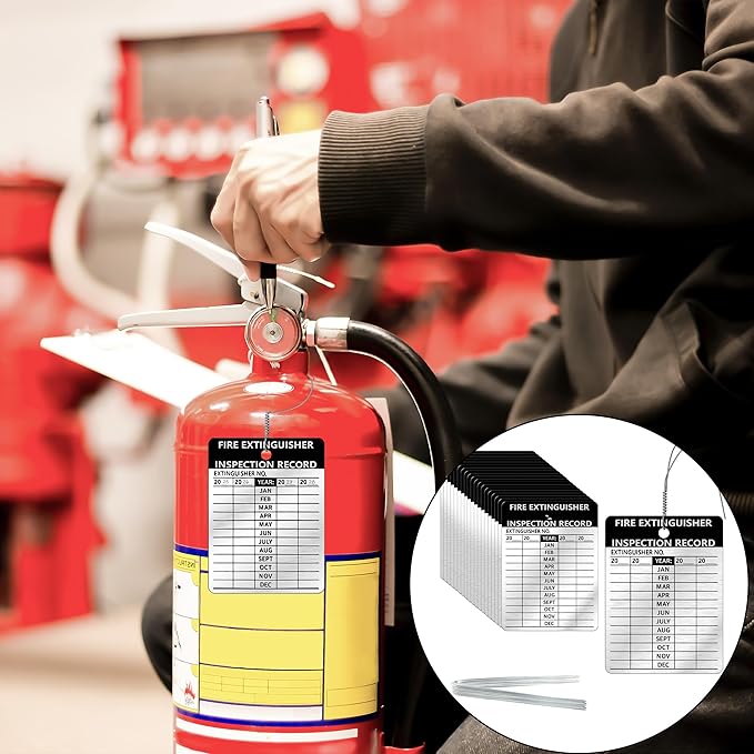 50 Pcs Waterproof Fire Extinguisher Inspection Tags Metal with Wires 2.3 x 3 Inch Durable Metal Fire Tags for Monthly Fire Safety Check Indoor Outdoor Use Weather Resistant Writeable Surface (50)