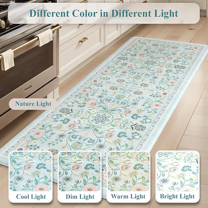 KIMODE Anti Fatigue Kitchen Mats for Floor Cushioned,Boho Floral Kitchen Rugs Sets of 2 Non Slip,Wide Memory Foam Kitchen Floor Mat for Laundry Sink Bathroom Office,Blue 20" x 47"+20" x 32"