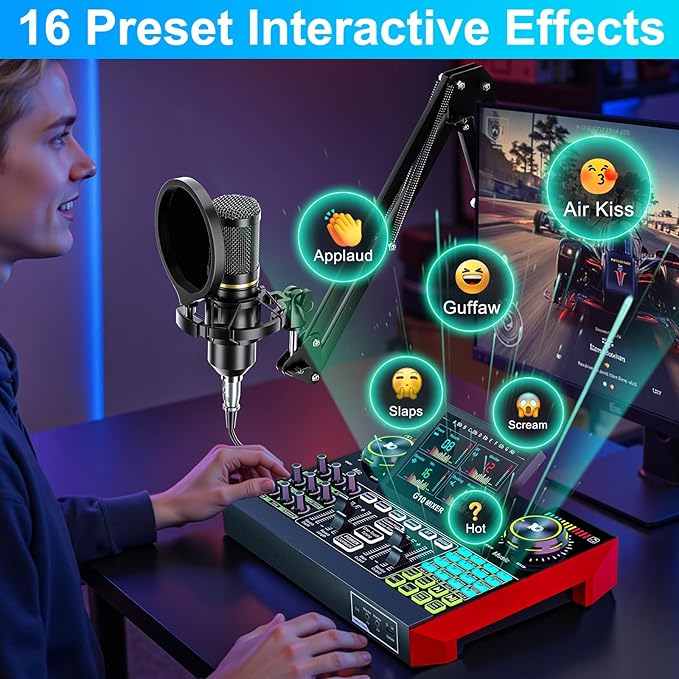 tenlamp Podcast Microphone Bundle with Live Sound Card Audio Mixer, Podcast Equipment Bundle with 3.5mm Boom Mic for Pc/Phone Live Streaming Singing Gaming, Sound Board with Voice Changer, Denoise