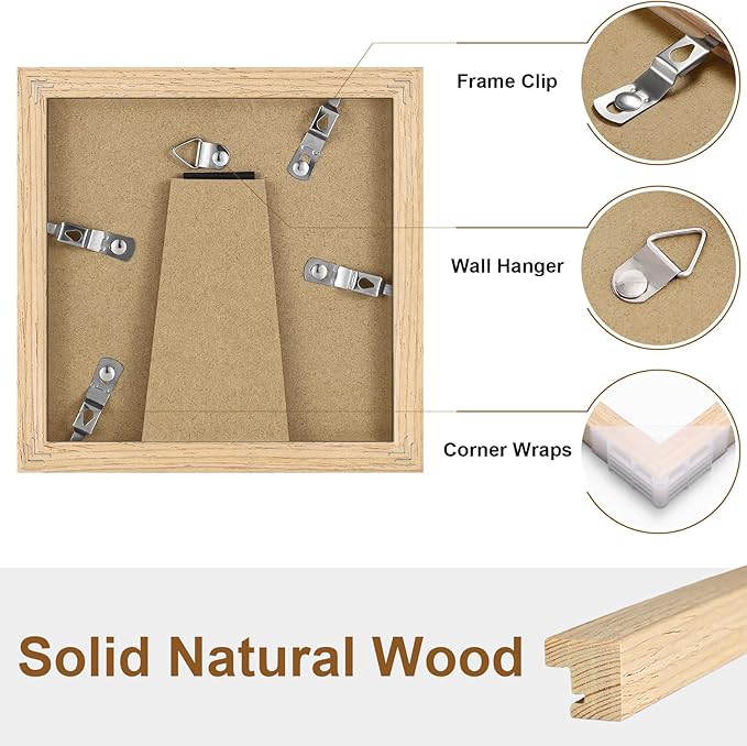 Vittanly 5x5 Picture Frame Set of 2, Solid Wood Frame for Wall or Tabletop, Natural