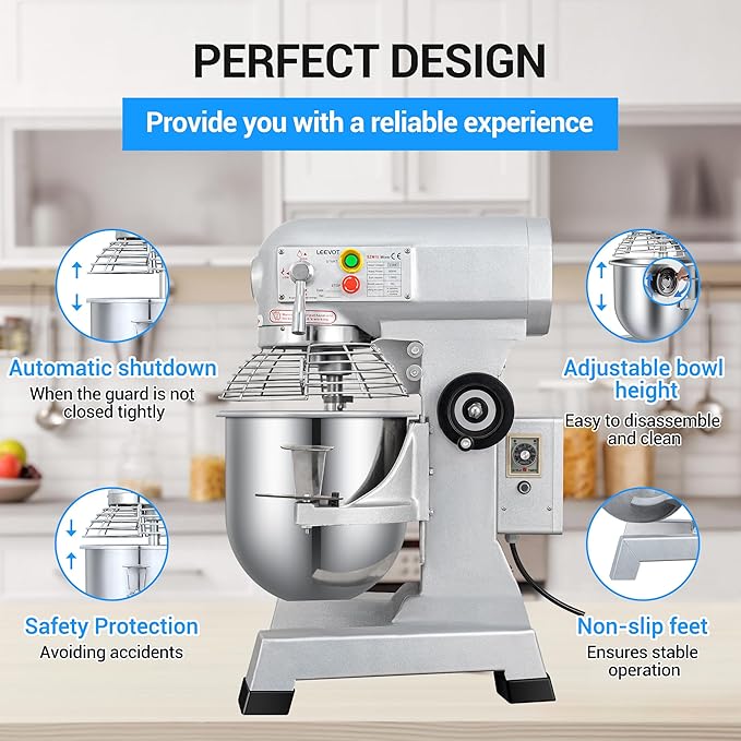 Commercial Food Mixer 15 Qt with 3-Speed Adjustment, 600W Commercial Mixer with Timer, Heavy Duty. Commercial Dough Mixer with Stainless Steel Bowl, Suitable for Bakeries and Pizzerias