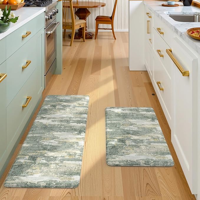 Collive Anti Fatigue Kitchen Mats, Grey/Green Abstract Kitchen Rugs Sets of 2 Non Slip Waterproof Standing Mat, Cushioned Comfort Desk Rug for Home Office, Sink, Laundry, 17"x29"+17"x47"