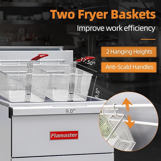 Commercial Gas Floor Fryer with 2 Baskets, 150000 BTU Natural Gas Fryer - Only Commercial Use, 5 Heating Tubes, 80 lb Capacity Deep Fryer for Restaurants, Fast Food, Food Trucks