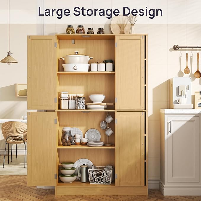63" Tall Oak Kitchen Pantry, Freestanding Storage Cabinet with 4 Doors, Adjustable Shelves for Dining Room, Laundry Room