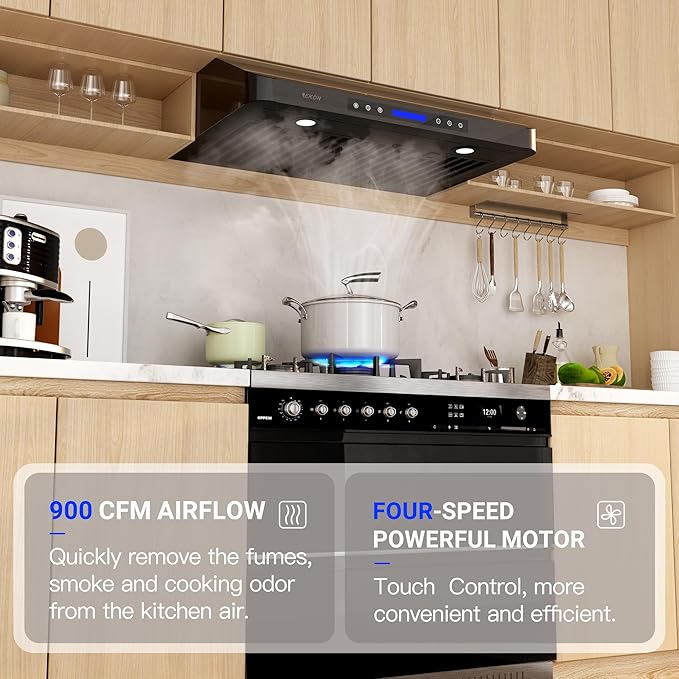 EKON 30 Black inches Under Cabinet Range Hood, 900 CFM Stainless Steel Kitchen Chimney Vent, 4 Speed Touch Screen Control With Remote 2Pcs 3W LED lights Dishwasher-safe Filters Fan Timer