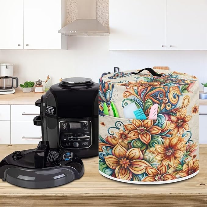 Vintage Floral Pressure Cooker Cover Instant Pot Accessories Instant Pot Kitchen Appliance Dust Cover with Pockets for Rice Cooker Air Fryer Slow Cooker Dust Covers for Kitchen Size M