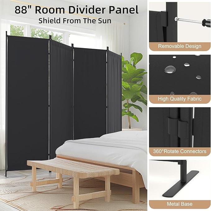 Room Divider 4 Panel Partition Room Dividers & Folding Privacy Screens w/ 3 Metal Feet 6FT Portable Wall Doubles as a Dressing Screen Portable Wall for Office Kitchen Children's Room,Black