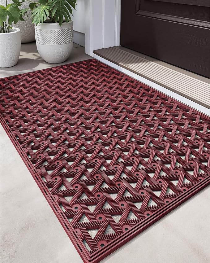 DEXI Front Door Mat Outside Entrance Rubber 19x30, Welcome Floor Doormat Heavy Duty Non Slip, Dirt Trapper Waterproof Exterior Entry Mats All Weather for Patio Entryway Drainage, Red