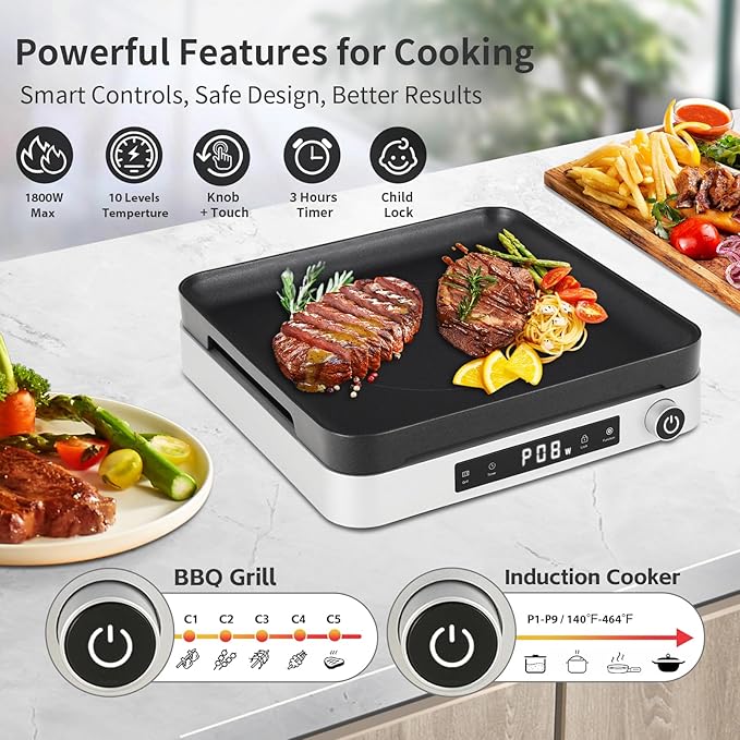 2-in-1 Induction Cooktop with Grill Pan – Portable 1 Burner Induction Hot Plate 1800W, Removable Griddle, 10 Power & 5 Temp Levels, Touch & Knob Control for Kitchen or RV Camping
