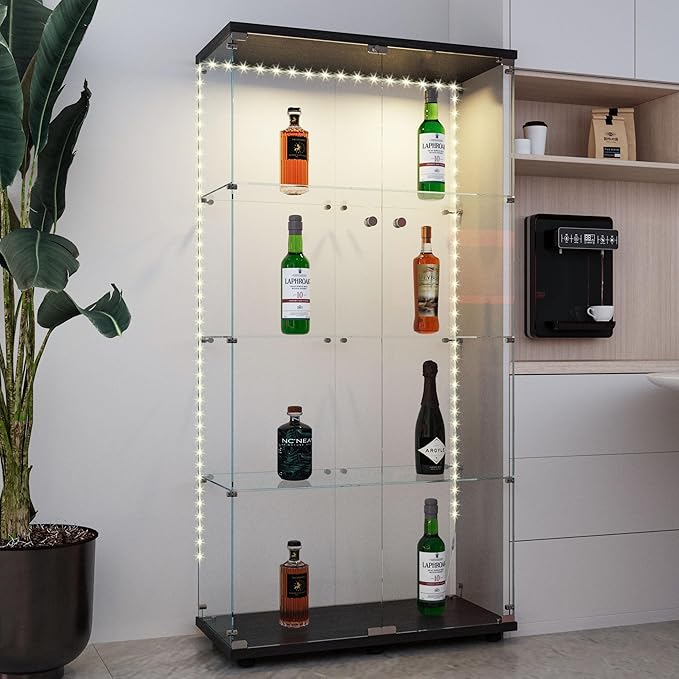 Yoluckea 4 Tiers Glass Display Cabinet with Bluetooth LED Light Strip, 2 Doors Floor Standing Curio Cabinet with Universal Wheel for Home Office Display, Black Glass Bookshelf for Collections,Wood Top