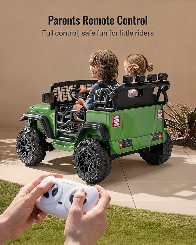 2 Seater Ride on Car Toy, 12V Electric Car for Kids 4-8 with Remote Control, Capacity 110 lb, LED Light - Green