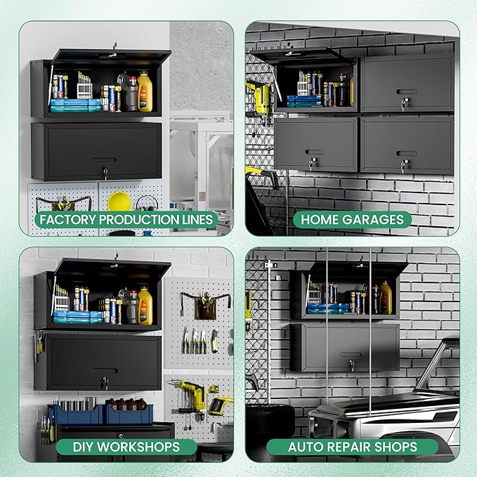 Metal Wall Cabinet,Wall Mounted Garage Cabinets with Lockable Up-Flip Door,Black Hanging Storage Cabinet 130 lbs Capacity,Floating Cabinet for Tool Organization in Basement,Workshop,Kitchen